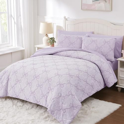 Queen Comforter Set with Sheets for Girls-7 Pieces Bow Bed in A Bag