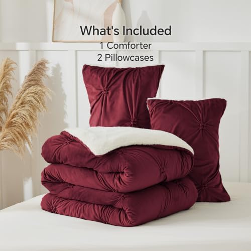 BEDELITE Fluffy Sherpa King Comforter Set,Pintuck-Burgundy