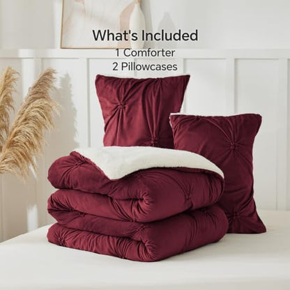 BEDELITE Fluffy Sherpa King Comforter Set,Pintuck-Burgundy
