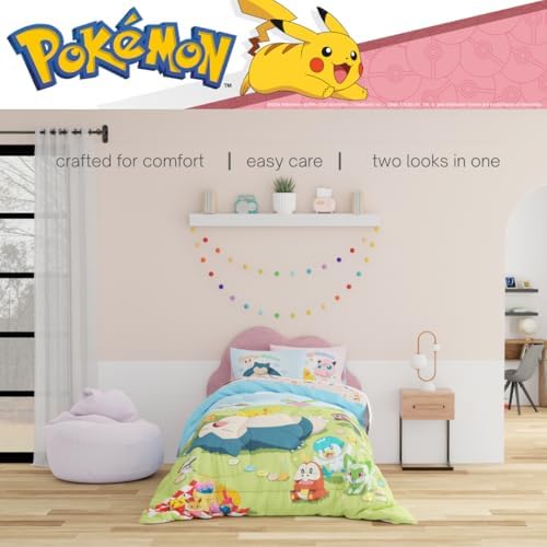 Pokemon Bedding Super Soft Comforter and Sheet Set with Sham, 5 Piece Full Size, Featuring Snorlax, Pikachu, Eevee & Jigglypuff (Officially Licensed Product) by Franco