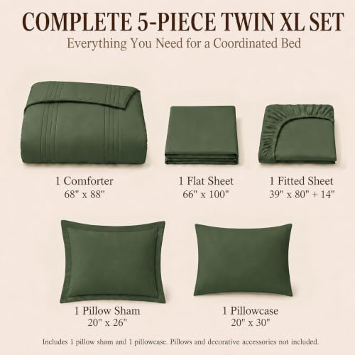 CozyLux Twin XL Comforter Set Olive Green - 5 Pieces Complete Bedding Set