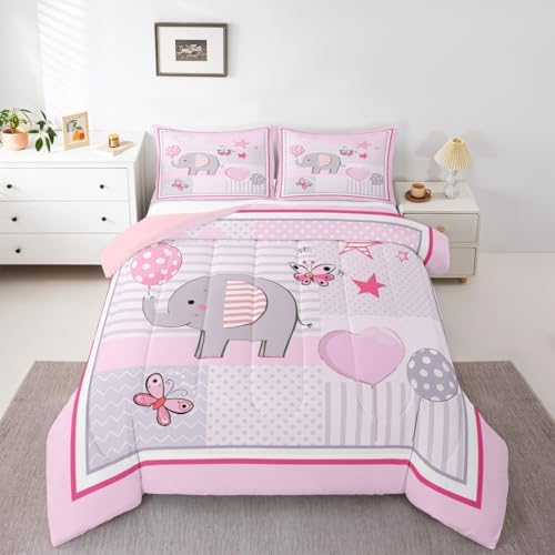 Balloon and Butterfly Children Comforter Set,Pink Gray White Bedding Set for Women Girls,Adults Soft Cute Elephant Comforter,Kids Wild Animals Quilted Duvet Set Bedroom Collection King Size 3Pcs