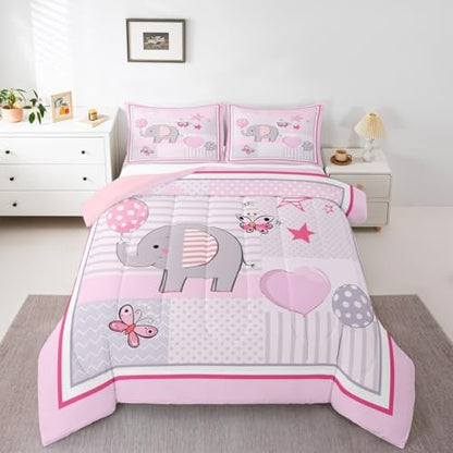 Homewish Girls Cute Elephant Twin Size Comforter Set,Kids Balloon and Butterfly Decor All Season Bedding Set,Teens Geometric Comforter,Children Lovely Animals Decor Quilt Set Bedroom Collection 2Pcs