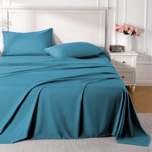 ROSE&RISY Denim Blue King Sheet Set, 4 Pcs Soft Bedding King Sheet Set, Breathable and Cooling,Includes 1 Fitted Sheet, 1 Flat Sheet, 2 Pillowcases - Deep Pocket (Denim Blue, King)