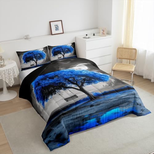 Manfei Tree Artwork of Life Kids Comforter Set Full Size,Cloud Botanical Nature Bedding Set,Girls Boys Room Decor,Modern Abstract Art Quilt Comforter,Blue Fashion Simple Duvet Insert,2 Pillowcases