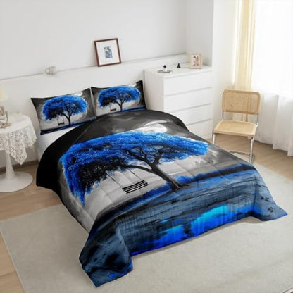 Manfei Tree Artwork of Life Kids Comforter Set Full Size,Cloud Botanical Nature Bedding Set,Girls Boys Room Decor,Modern Abstract Art Quilt Comforter,Blue Fashion Simple Duvet Insert,2 Pillowcases