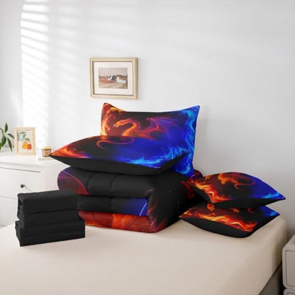 Erosebridal Dragon 7 Piece Bedding Set Full Nebula Comforter Set with Sheets Mysterious Outer Space Bed in A Bag Red Blue Ombre Bed Sets with 2 Pillowcases, 2 Throw Pillow Covers