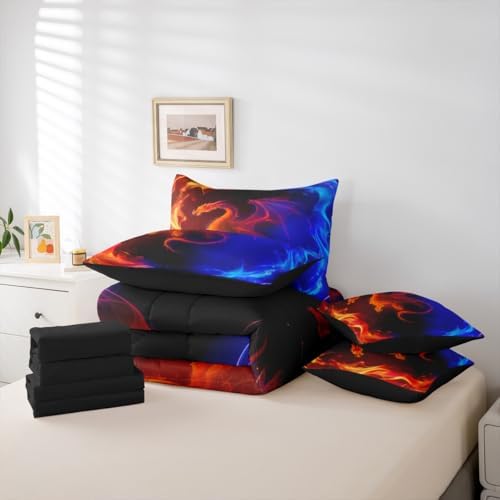 Erosebridal Dragon 7 Piece Bedding Set Queen Nebula Comforter Set with Sheets Mysterious Outer Space Bed in A Bag Red Blue Ombre Bed Sets with 2 Pillowcases, 2 Throw Pillow Covers