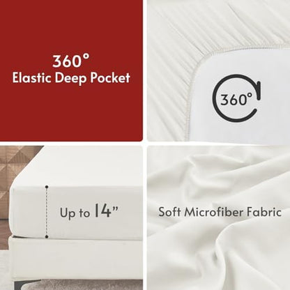MUXHOMO 7 Pieces Oversized King Comforter Set, Reversible Bed in a Bag Oversized King Size, All Season Bedding Set with Comforter, Flat Sheet, Fitted Sheet, Pillowcases & Shams, Beige & White
