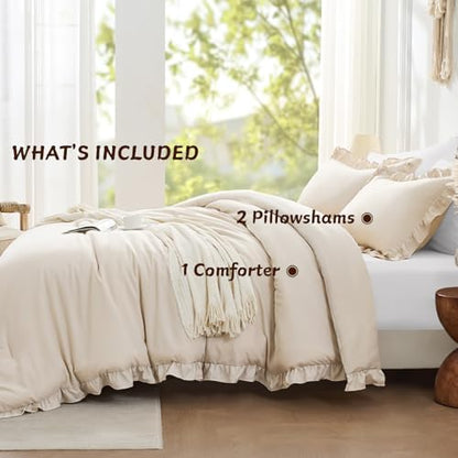 FUANNA King Size Comforter Set, Ruffle Bedding Set, 3 Pieces Bed Set, Beige