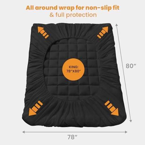 MATBEBY King Size Mattress Pad - Cooling Breathable Mattress Topper, Quilted Fitted Mattress Protector, Pillow Top Mattress Cover with 8-21" Deep Pocket, Soft, Machine Washable, Black, 78x80 Inches