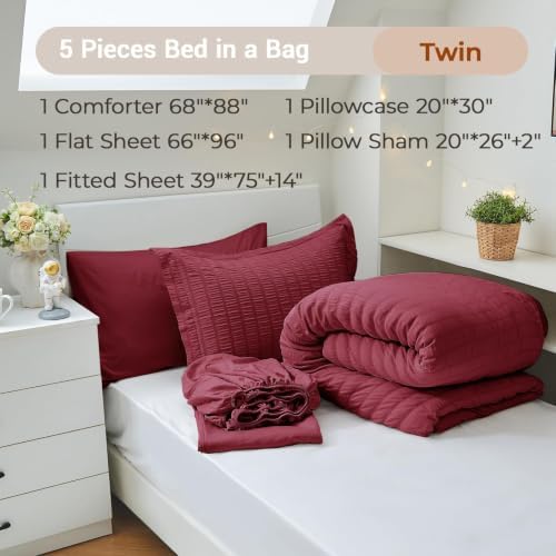 MUXHOMO 5 Pieces Twin Comforter Set, Seersucker Bed in a Bag Twin Size, All Season Luxury Bedding Set with Comforter, Flat Sheet, Fitted Sheet, Pillowcase & Sham, Burgundy