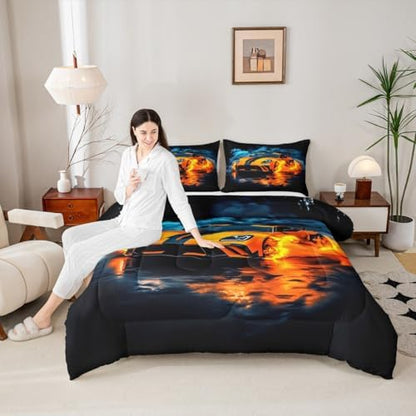Erosebridal Boys Race Car Full Size Bedding Set Kids Racing Car Comforter Extreme Sports Gaming Comforter Set for Boys Cool Cars Room Decor Car Sports Quilt Set with 2 Pillowcases,Orange and Black