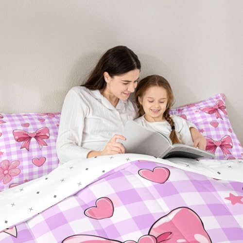 jejeloiu Purple Bowknot Kids Comforter Set King Size Checkerboard Bedding Set Pink Bow Duvet Quilt for Kids Boys Girls Bedroom Plaid Decor Microfiber Ultra Soft Breathable
