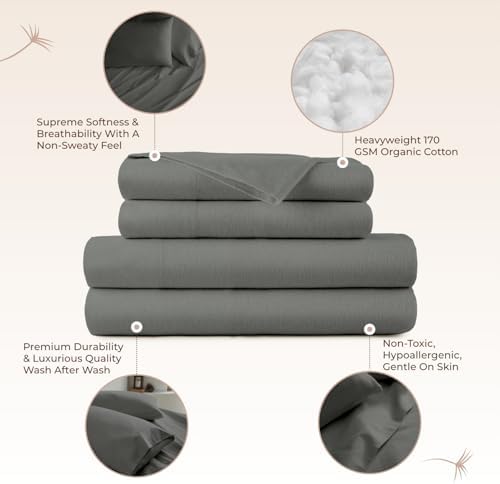 Whisper Organics - GOTS Certified 100% Organic Cotton Flannel Sheet Set - 170 Gram Thick, Brushed for Extra Soft and Cozy Sheets (Dark Grey, Twin)