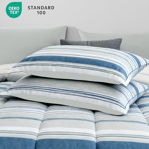Full Size Comforter Set Coastal Striped Royal Blue 7 Pieces Bed in a Bag