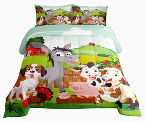 Feelyou Cute Farm Animals Bedding Set Kids Cartoon Pig Dog Cow Horse Comforter Set for Boys Girls Teens Nature Country Comforter Farmhouse Rustic Duvet Set Colorful Decor Quilt King Size Boys