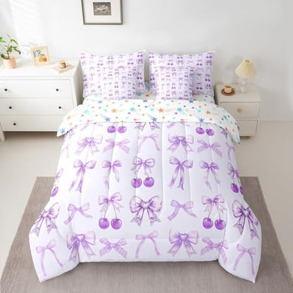 Erosebridal Purple Cherry Bow King Size Comforter Set with Sheets Cute Silk Ribbon Bowknot 7 Piece Bedding Set, Princess Bow Tie Dreamy Kawaii Bed in a Bag, Princess Room Decor Aesthetic