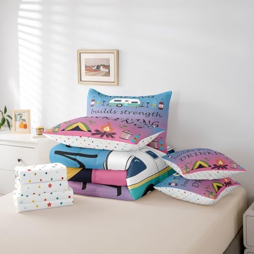 Erosebridal 7 Piece RV Bunk Twin Bedding Set for Camper,Drinking and Camping Comforter Set for Kids Teen Adults,Travel Trailer Quilt Bed Set Pink Blue Gradient Comforter with Fitted + Flat Sheet