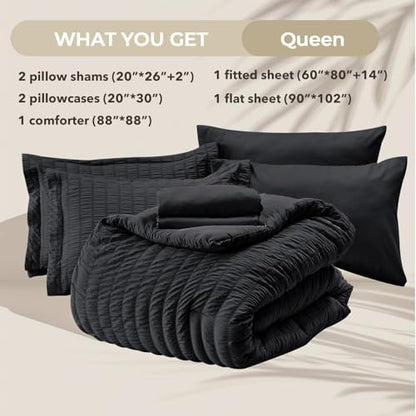HYMOKEGE Black Queen Comforter Set Seersucker 7 Pieces, All Season Luxury Bed in a Bag for Bedroom, Bedding Set with Comforters, Sheets, Pillowcases & Shams
