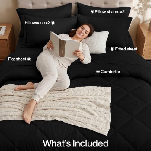 Utopia Bedding Queen Comforter Set, Bed in a Bag 7 Piece, Black