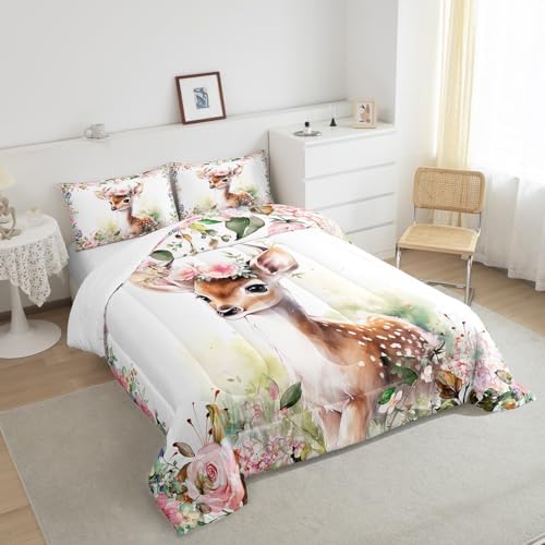 Feelyou Cute Deer Comforter Set King Size Kids Cartoon Animal Comforter for Boys Girls Teens Flower Floral Print Bedding Set Farm Zoo Garden Theme Duvet Set Room Decor Quilt Set