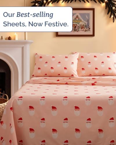 Christmas Sheet Set, Blush Santas, Holiday Xmas Bedding Set - Queen Size