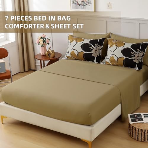 Anibedding 7 Pieces Floral Comforter Set Queen Size, Brown Black Flower Bedding Set Botanical Bed in a Bag Soft Microfiber Comforter Set with Sheets for All Season