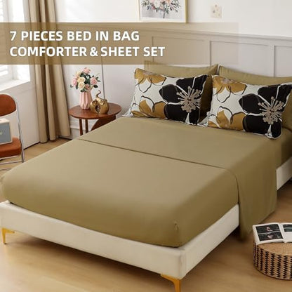 Anibedding 7 Pieces Floral Comforter Set Queen Size, Brown Black Flower Bedding Set Botanical Bed in a Bag Soft Microfiber Comforter Set with Sheets for All Season