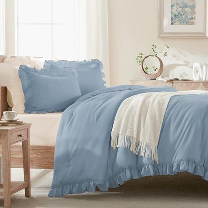 Andency Grayish Blue Queen Comforter Set, 3 Pcs Shabby Chic Bedding