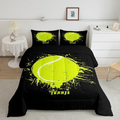 Manfei Tennis Comforter Set Full Size, Green Tennis Print Bedding Set 3pcs for Kids Boys Teens Bedroom Decor, Sports Gaming Theme Quilt Set with 2 Pillowcases