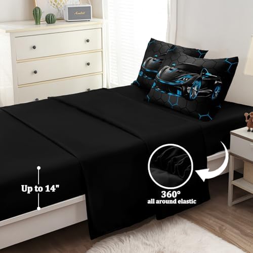 5 Pcs Race Car Twin Bedding Set for Boys, Blue Sports Car Twin Boys Comforter Set with Sheets