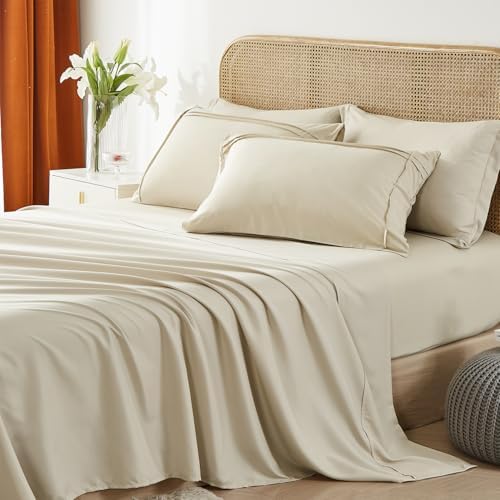 Yogeneg Queen Comforter Set 7 Piece Bed in a Bag,Grid Pinch Pleat Beige Bedding Set,Striped Textured Soft Microfiber Comforter with Sheet Set,All Season Complete Bed Set(Beige,Queen)