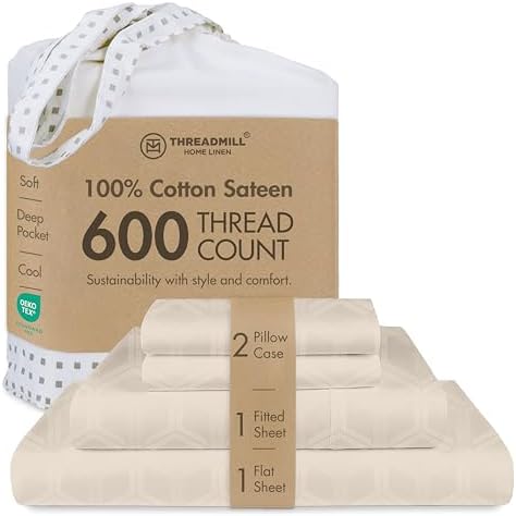 Threadmill 600 Thread Count Cotton Queen Sheet Set, Sateen, Jacquard, Beige