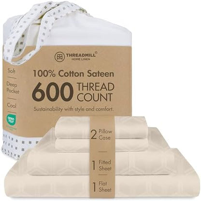Threadmill 600 Thread Count Cotton Queen Sheet Set, Sateen, Jacquard, Beige