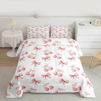 jejeloiu Watercolor Bow Kids Comforter Set King Size Lovely Pink Cherry Bedding Set Dreamy Princess Style Duvet Quilt for Kids Boys Girls Bedroom Decor Microfiber Ultra Soft Breathable