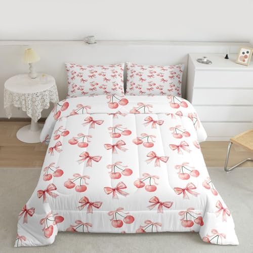 jejeloiu Watercolor Bow Kids Comforter Set Queen Size Lovely Pink Cherry Bedding Set Dreamy Princess Style Duvet Quilt for Kids Boys Girls Bedroom Decor Microfiber Ultra Soft Breathable