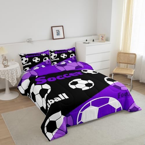Manfei Teens Soccer Comforter Set Toddler Size, Black White Football Bedding Set 2pcs, Sports Theme Purple Down Comforter All Season, Kids Boys Adult Room Decor, Soft and Lightweight, 1 Pillowcase