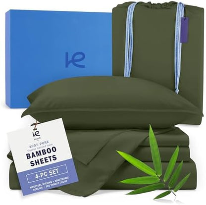Kickoff Viscose Bamboo Sheets Queen Size 4-pc 100% Organic Bamboo Viscose Bed Cooling Sheets Queen Size Set Cool Bedding for hot Sleepers Sheet Set - Gift Ready Packaging (Green, Q)
