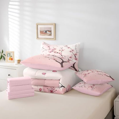 Erosebridal Cherry Blossoms Full Size Comforter Set, Girl Pink Floral 7-Piece Bed in A Bag, Japanese Spring Sheets and Pillowcases, Petal Branch Girly Romantic Bedding Set Room Decor