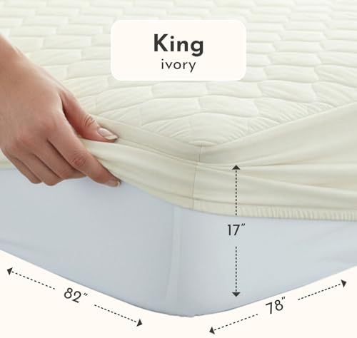 100% Cotton Organic Mattress Protector | Breathable & Noiseless GOTS Organic Mattress Pad with Premium 300GSM Durability | Machine Washable Quilted Bed Protector with Deep Pocket (Ivory, King)