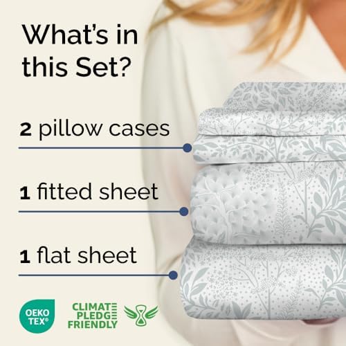King 4 Piece Floral Sheet Set - Soft, Breathable & Cooling - Gray Ferns
