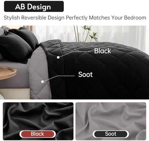 MUXHOMO 7 Pieces King Comforter Set, Reversible Bed in a Bag King Size, All Season Bedding Set with Comforter, Flat Sheet, Fitted Sheet, Pillowcases & Shams, Black & Soot