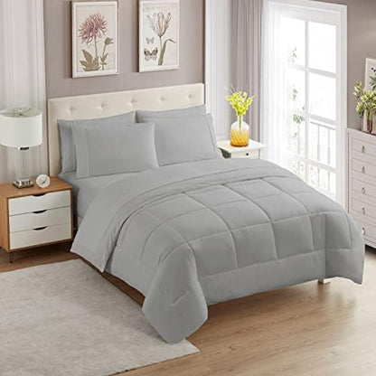 Sweet Home Collection 7 Piece Comforter Set Bag Solid Color All Season Soft Down Alternative Blanket & Luxurious Microfiber Bed Sheets, Silver, Twin XL