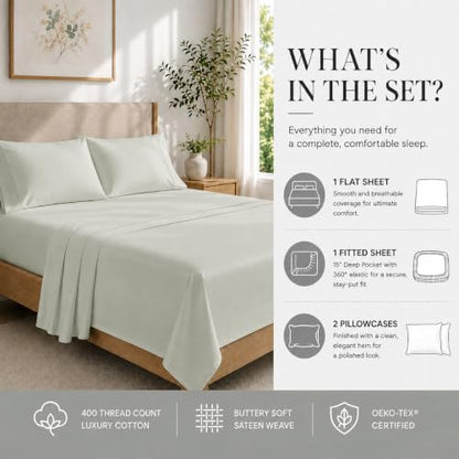 Queen Sheets, 400 Thread Count Cotton Sheets Queen Size Bed Set - Mineral
