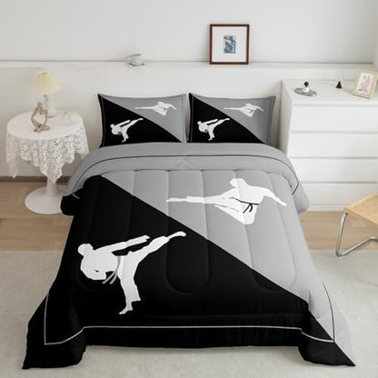 Castle Fairy Taekwondo Comforter Set,Japanese Sports Bedding Set for Kids Girls Women,Adults Black Gray White Comforter,Kungfu Quilted Duvet Set Bedroom Collection Twin Size 2Pcs