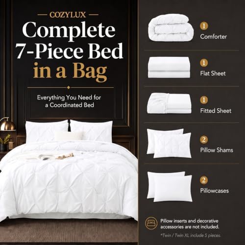 CozyLux Twin XL Comforter Set White, 5 Pieces Pintuck Bed in a Bag