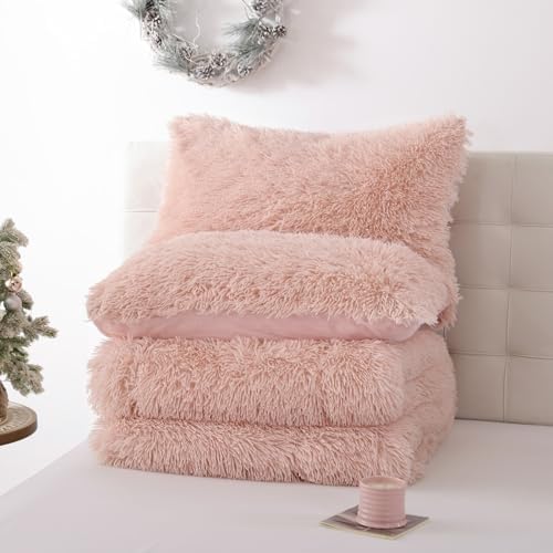 Smoofy Fluffy King Size Comforter Set, Blush Pink Faux Fur Comforter 3 Pcs