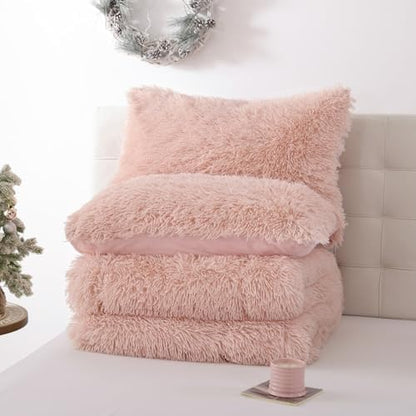 Smoofy Fluffy King Size Comforter Set, Blush Pink Faux Fur Comforter 3 Pcs