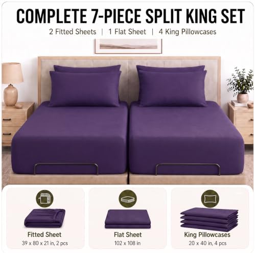 CozyLux Split King Sheets 7-Piece, 21-Inch Deep Pocket, Soft Brushed Feel